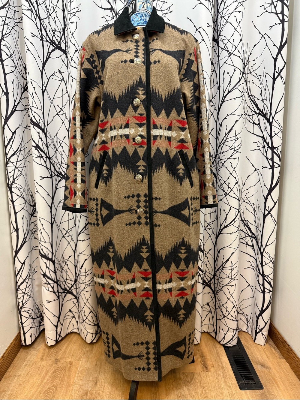 Pendleton Blanket Coat Maxi Jacket Duster Leather Collar Size XL Black Red Brown